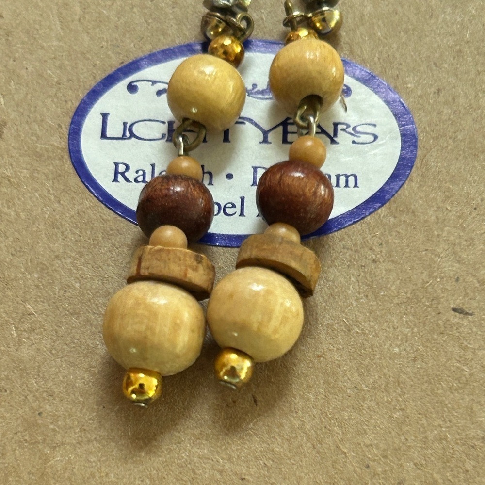 Wooden Bead Earrings Brown Tan and Gold Dangle Pierced